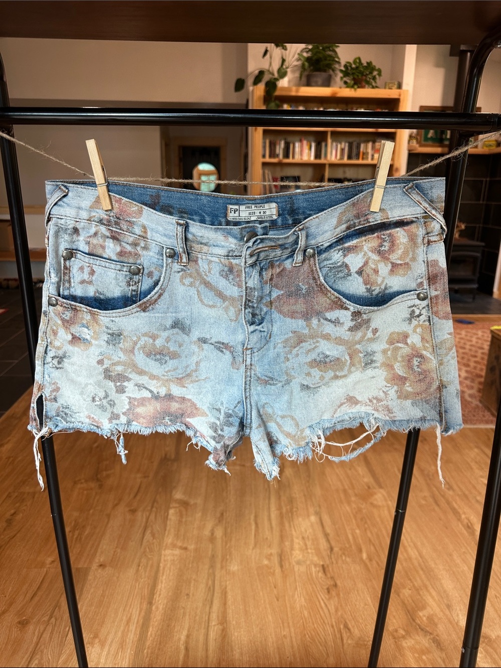 Free People Floral Light Blue Denim Cutoff Shorts